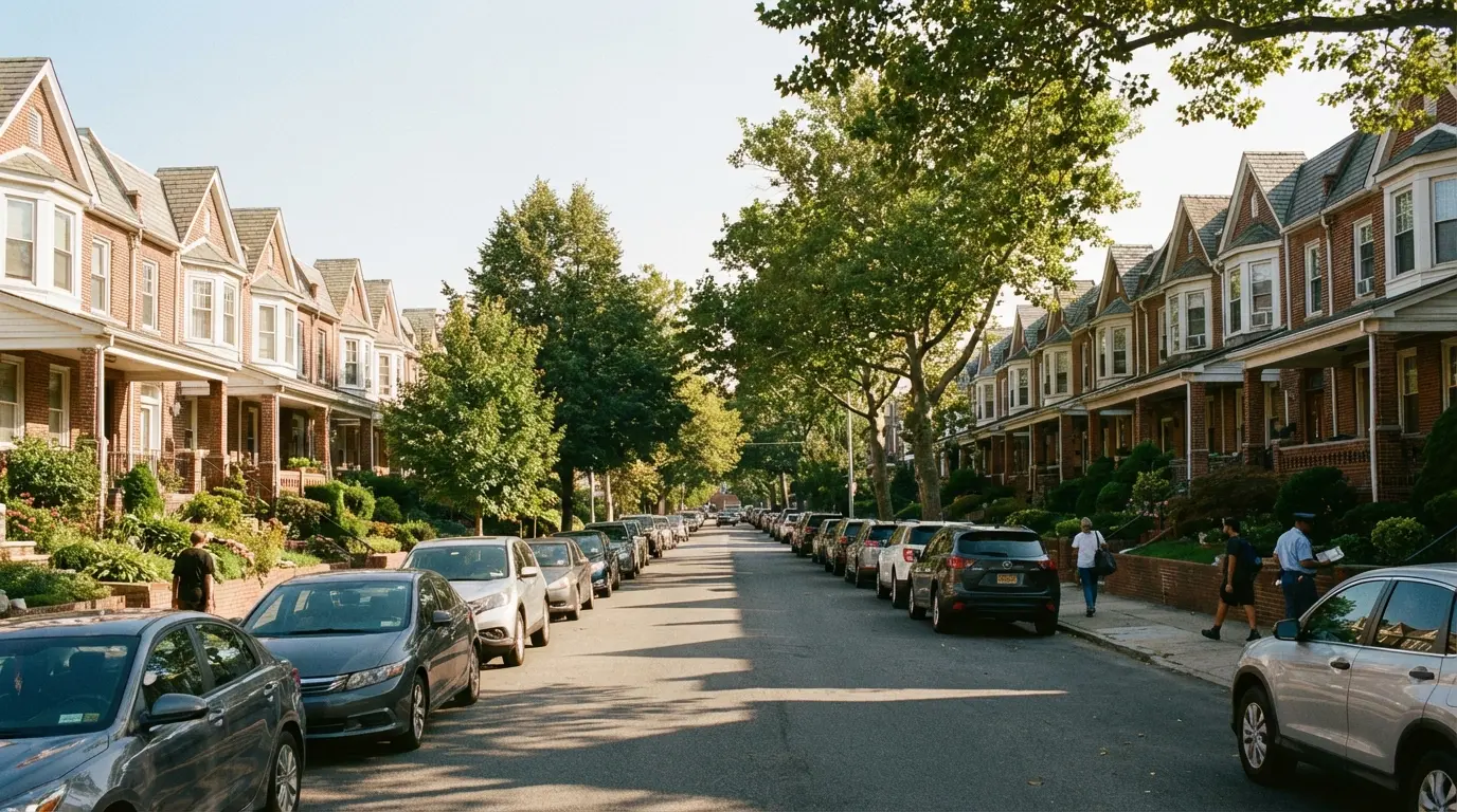Wedding Photography in Dyker Heights — street view of 12th Avenue residential block with brick homes and front setbacks