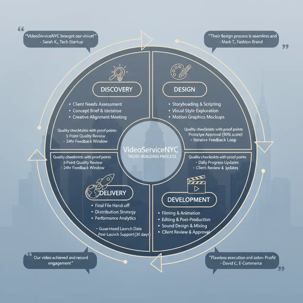 Our proven process ensures consistent quality and clear communication throughout your commercial video production. Over 200+ NYC businesses trust this methodology for predictable, high-impact results.