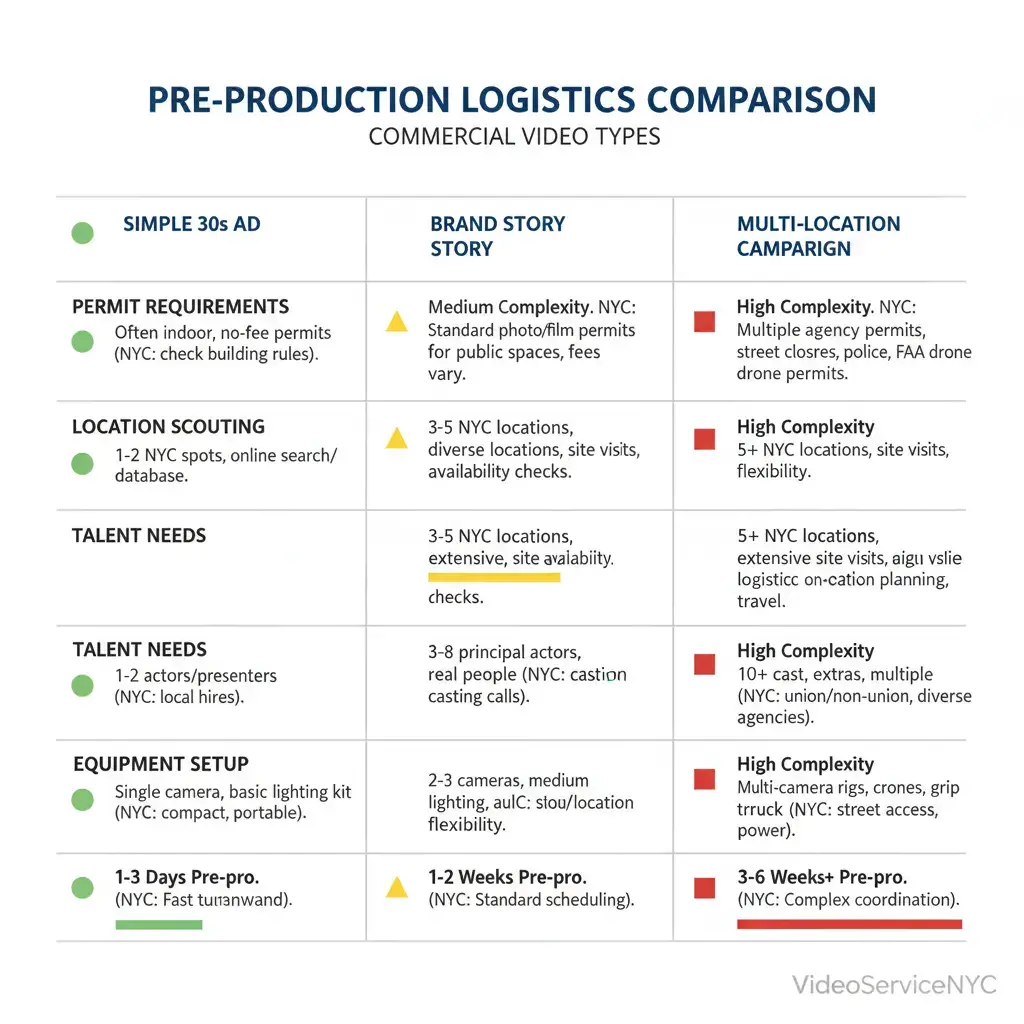 Compare pre-production requirements and timelines across different commercial project types. Understanding these factors helps ensure proper planning and resource allocation for your NYC video production.
