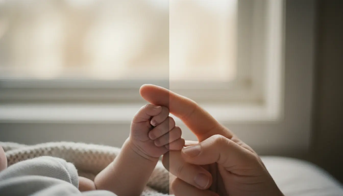 Newborn's tiny hand holding a parent's finger, subtly split to show photography's crispness and videography's warmth.