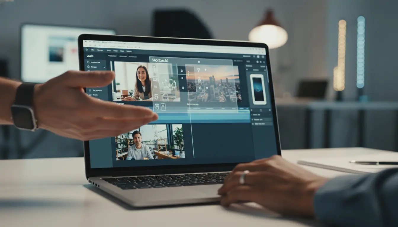 Two hands collaborating over a tablet displaying a commercial video project storyboard or editing timeline.