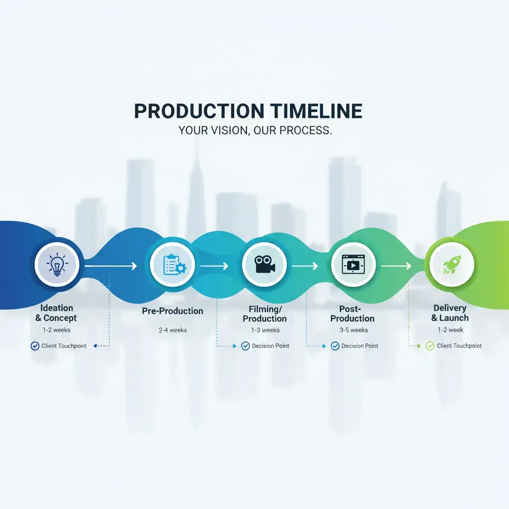 Our streamlined 5-stage production process, optimized for NYC commercial projects, typically spans 6-12 weeks depending on complexity. Each stage includes built-in client collaboration points to ensure alignment and efficiency.