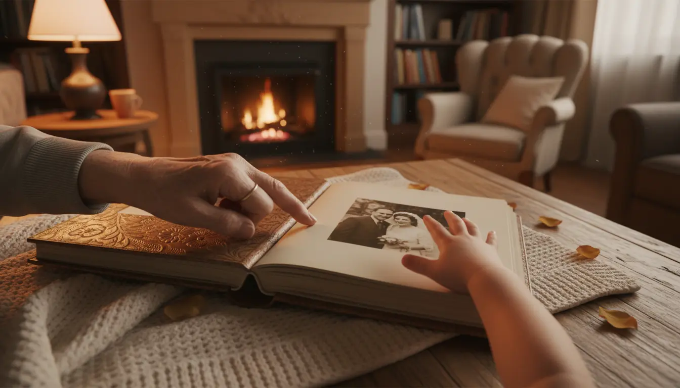 Grandparent and grandchild looking at a wedding photo album or watching a wedding video.
