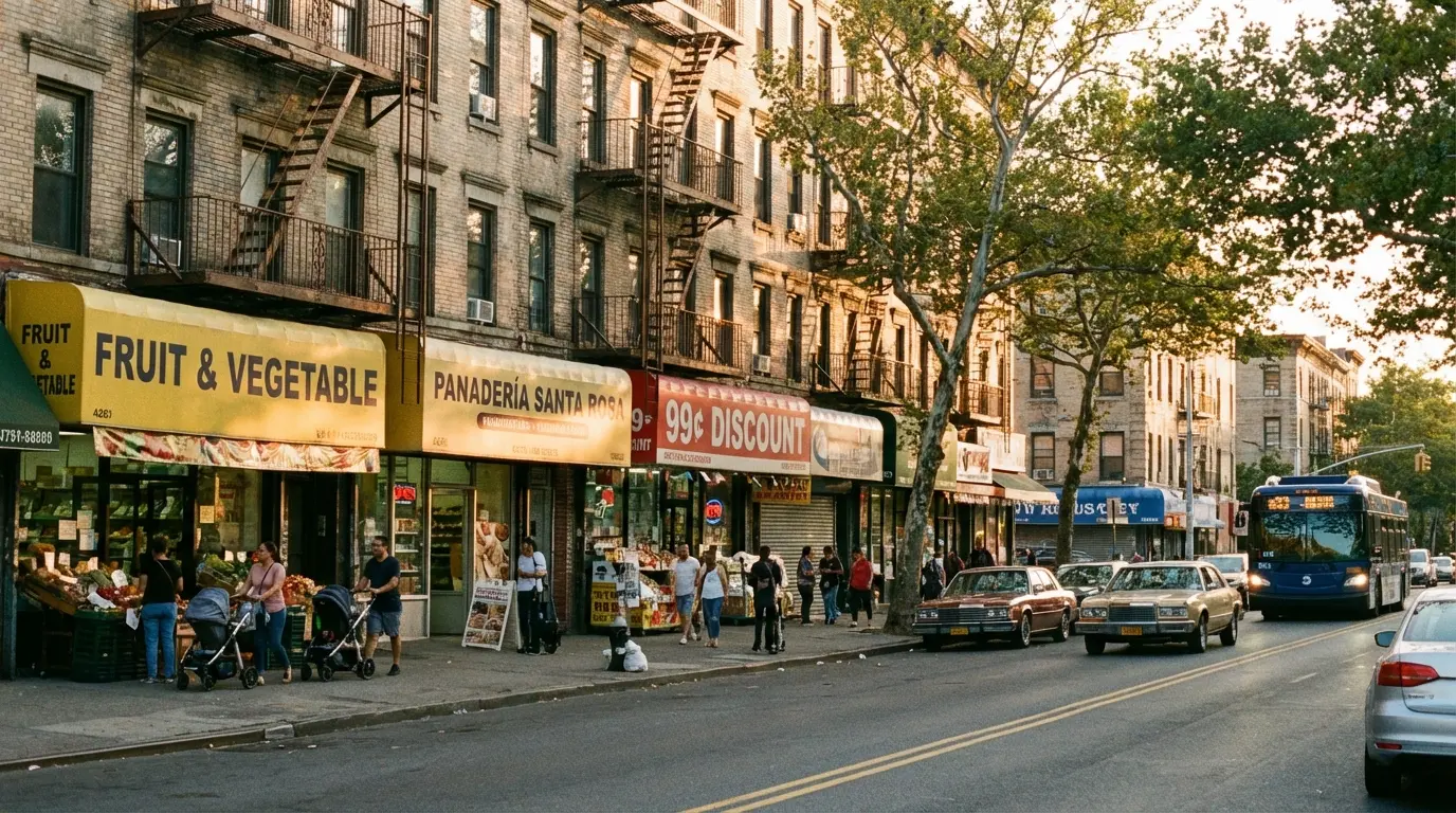 Wedding Photography Sunset Park 5th Avenue storefront corridor with awnings, pedestrians, and stroller traffic
