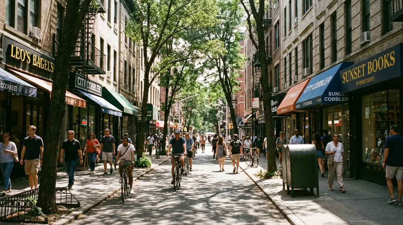 Wedding Photography Bay Ridge — street-level view of 86th Street commercial corridor with storefronts, awnings, trees, and pedestrians.