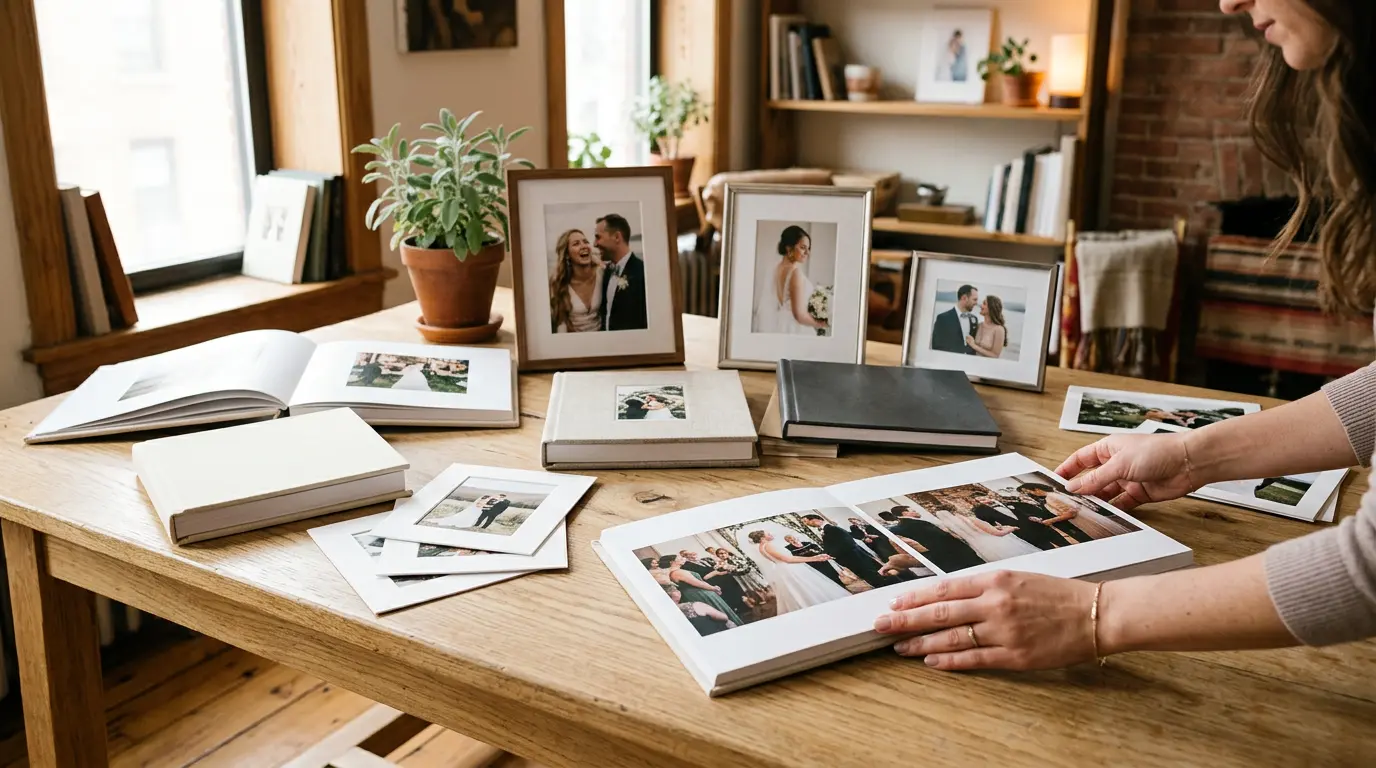 About Us page for Vera Starling photography studio in Brooklyn NY, showing open fine-art wedding albums and framed portrait prints spread across a large wooden table with hands arranging them