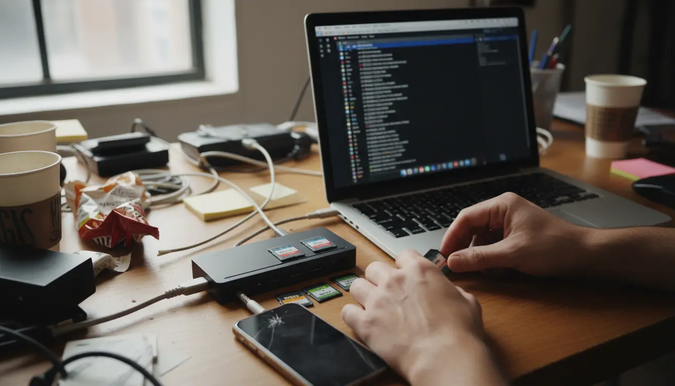 Video editing footage ingest station in Brooklyn showing SD cards and file list