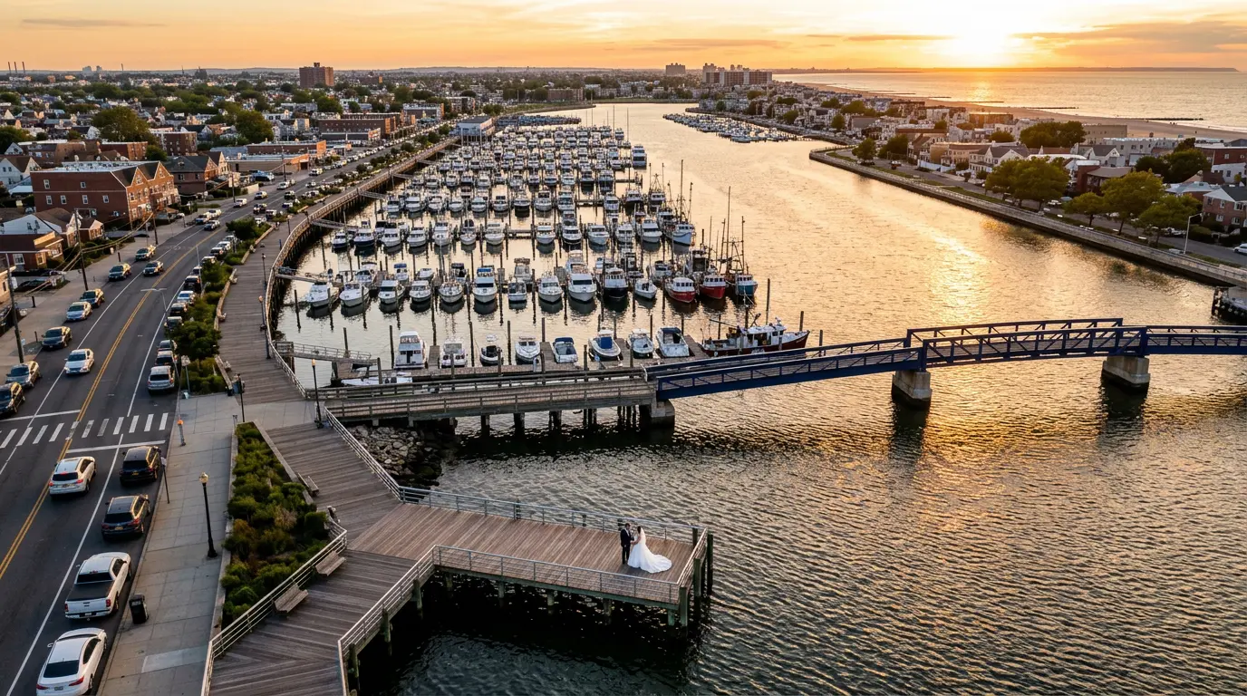 Aerial drone wedding photography over Sheepshead Bay marina waterfront in Brooklyn NY