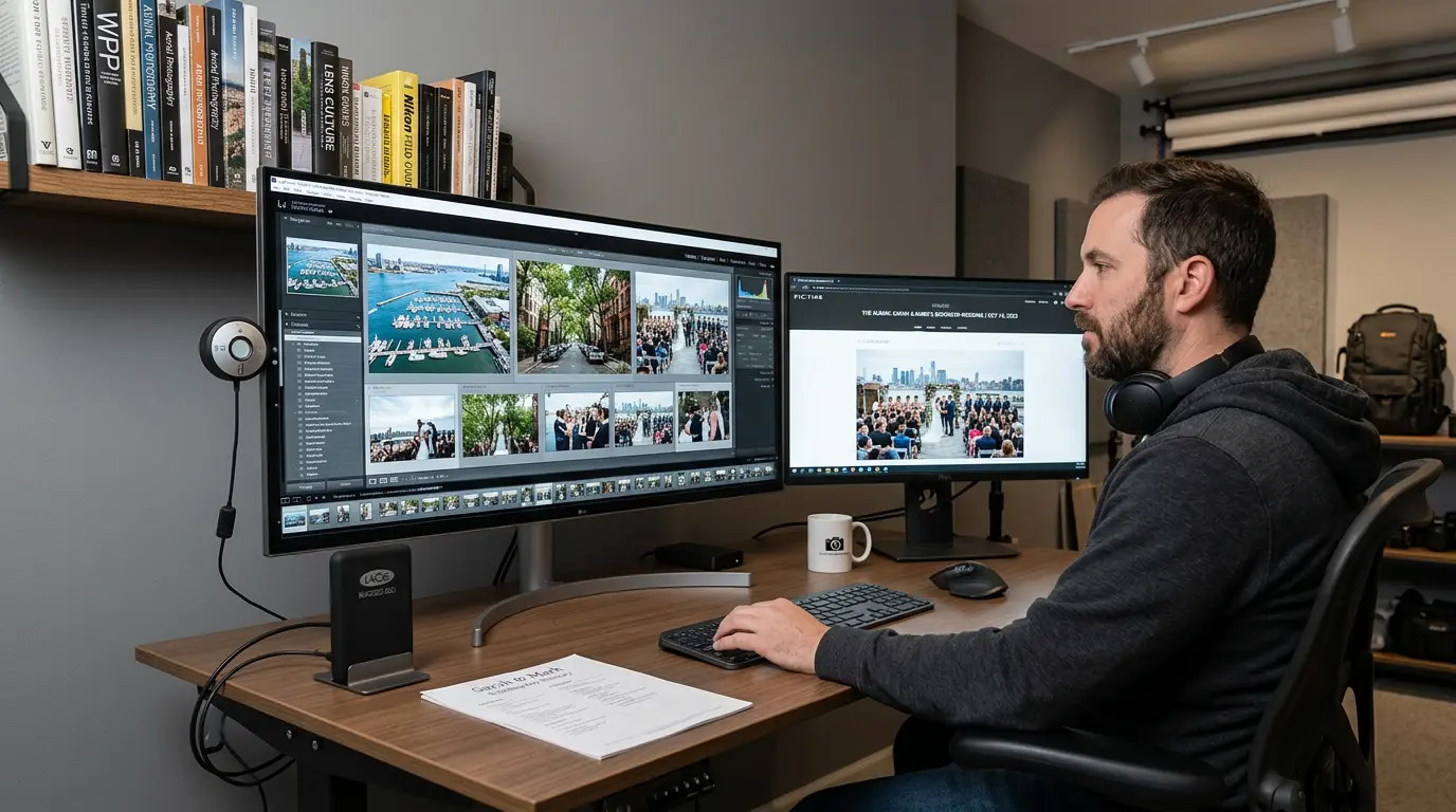 Aerial wedding photo editing and online gallery plus hard drive delivery workflow for Brooklyn weddings by Vera Starling