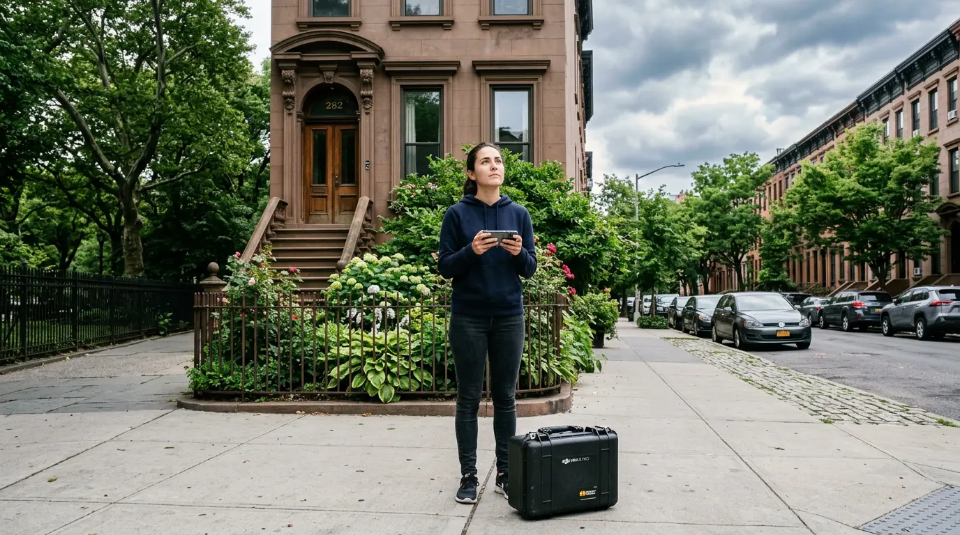 Drone operator checking FAA airspace and weather app before aerial wedding photography in Carroll Gardens Brooklyn