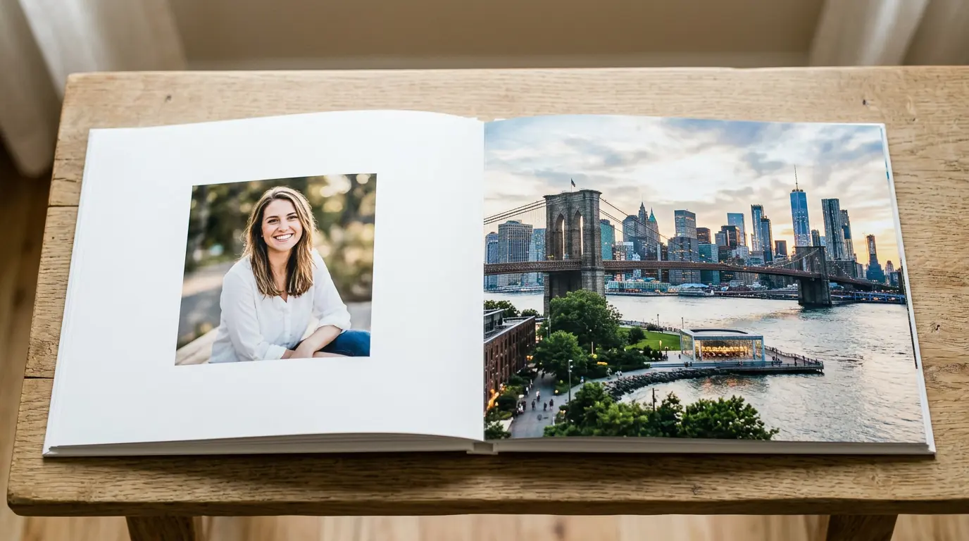Wedding album spread featuring Brooklyn Bridge Park skyline — Brooklyn wedding albums