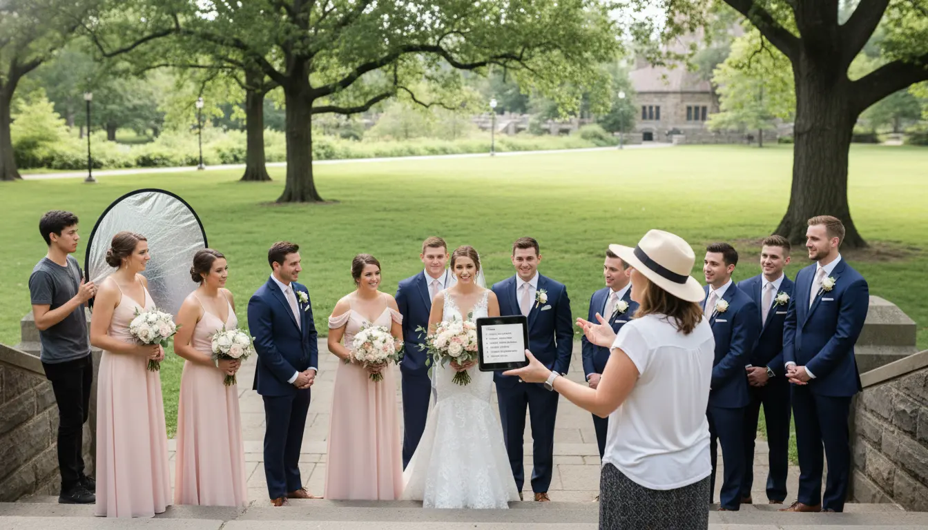 group photography Brooklyn photographer directing wedding party pose in Prospect Park
