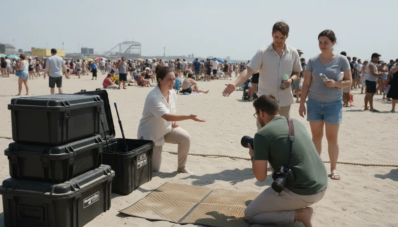 beach wedding photography Brooklyn assistant managing gear and directing nearby beachgoers