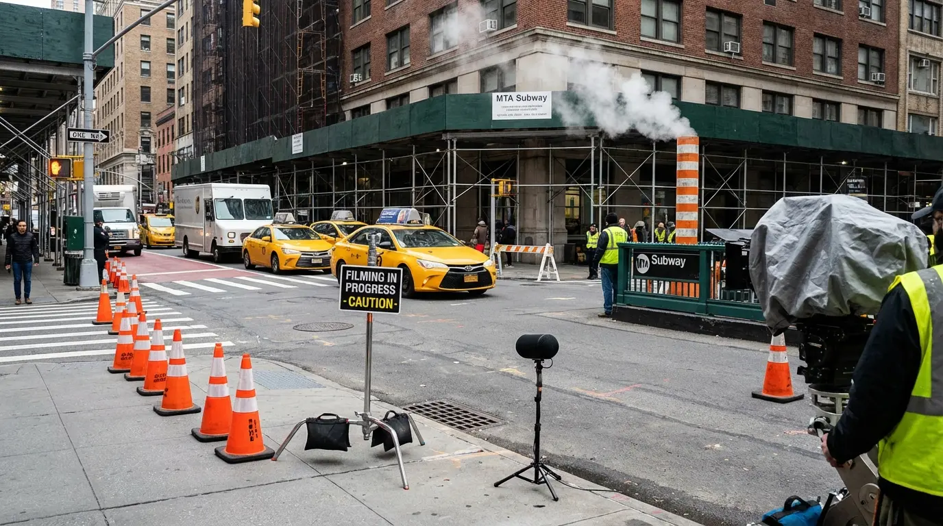 Wedding Photography Boerum Hill showing mitigation gear (cones, sandbags, sound meter) near Atlantic Ave with scaffolding and traffic present.