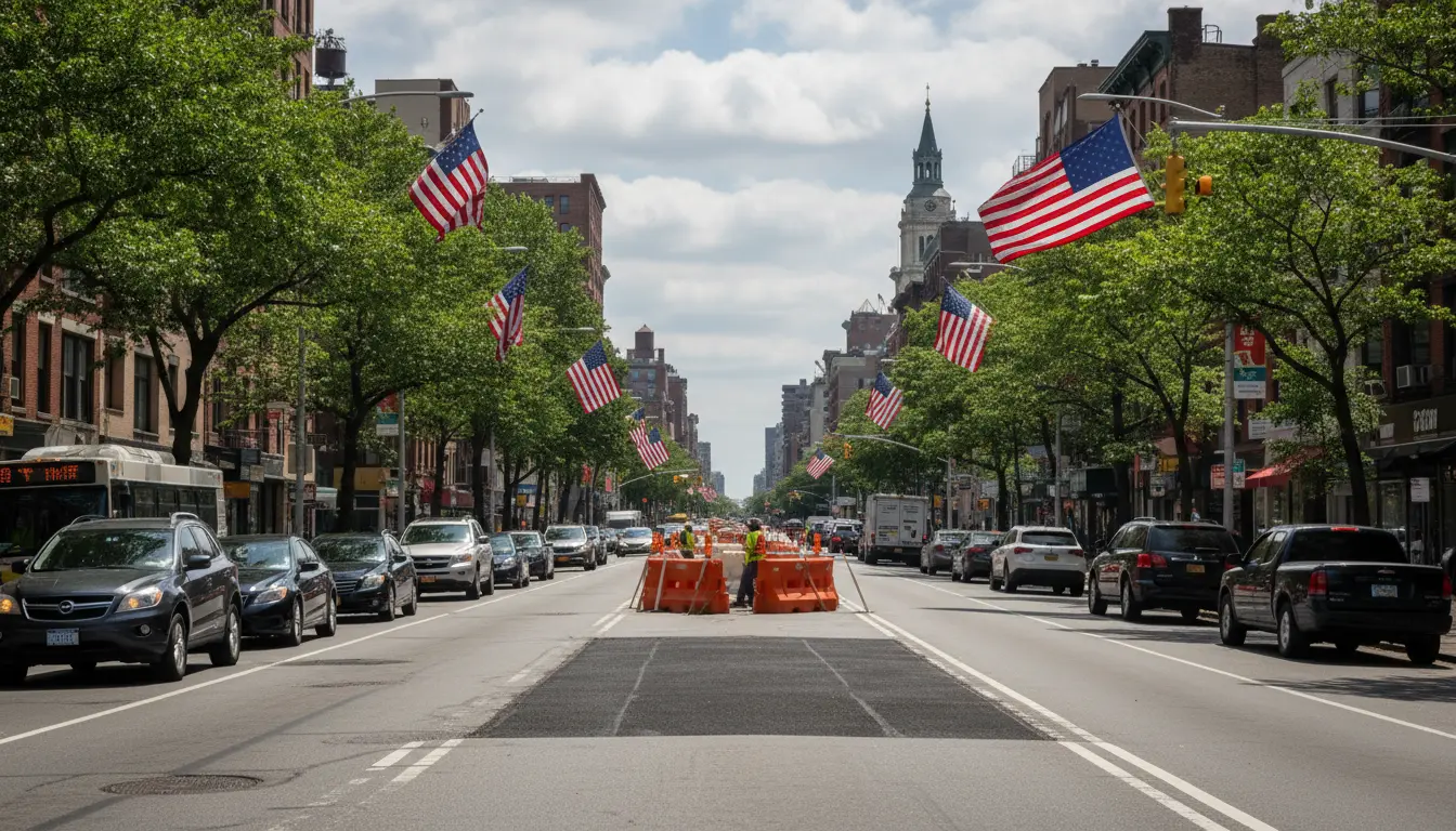 Wedding Photography Cobble Hill: Atlantic Ave showing vehicle traffic, lane repair barricade, and gust exposure at the neighborhood edge.