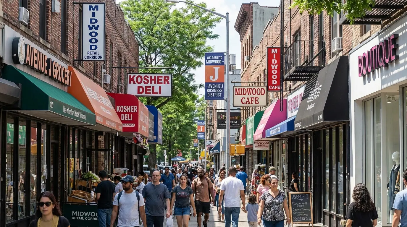 Wedding Photography Midwood — Avenue J commercial gateway block with storefronts and pedestrian activity