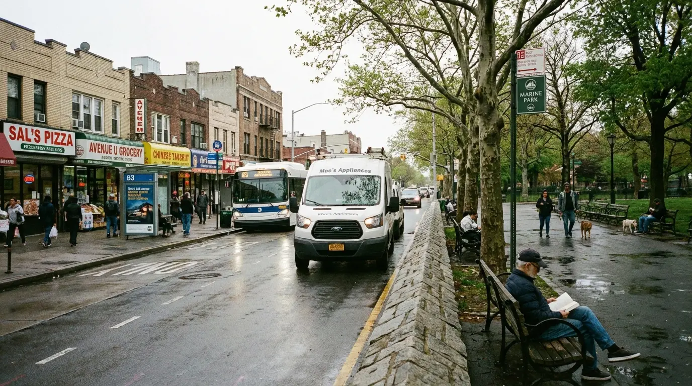 Wedding Photography Marine Park Avenue U commercial ribbon with delivery traffic and bus stop