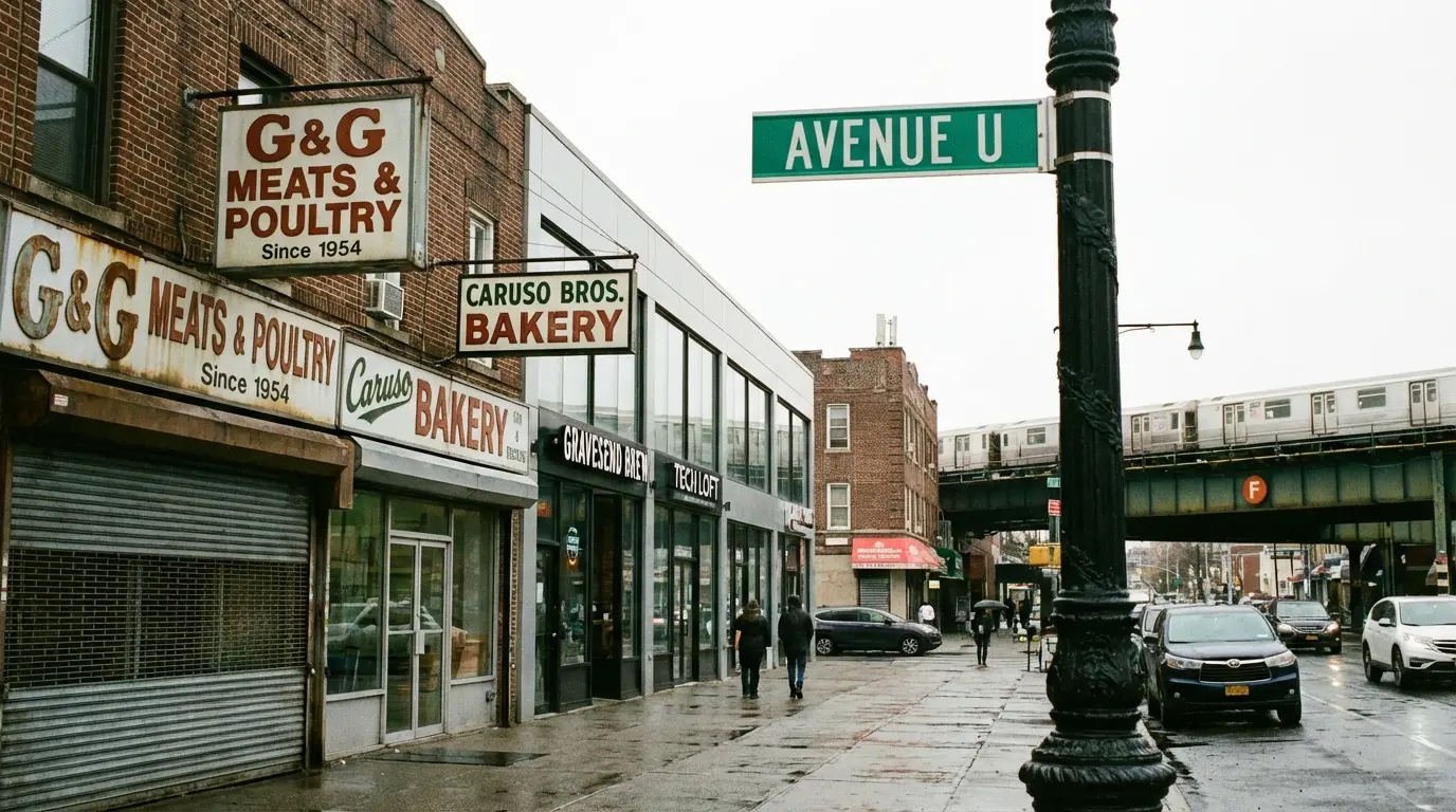 Wedding Photography Gravesend - Avenue U retail spine with mixed storefront typology and visible street sign