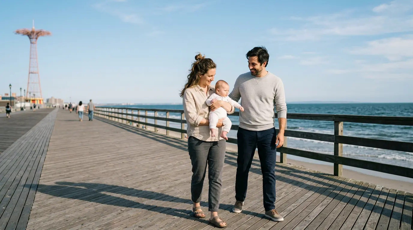 baby photography Coney Island boardwalk Brooklyn outdoor family session with infant