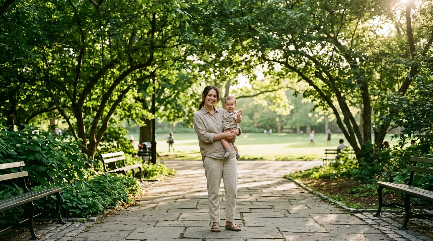 baby photography Fort Greene Park Brooklyn outdoor session parent holding infant on tree-lined path