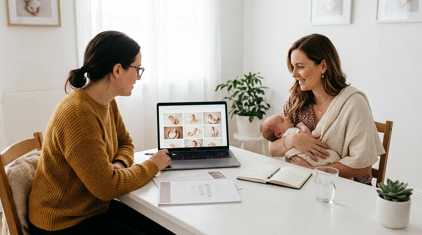 baby photography pre-session consultation Brooklyn NY photographer reviewing portfolio and session plan with parent and infant