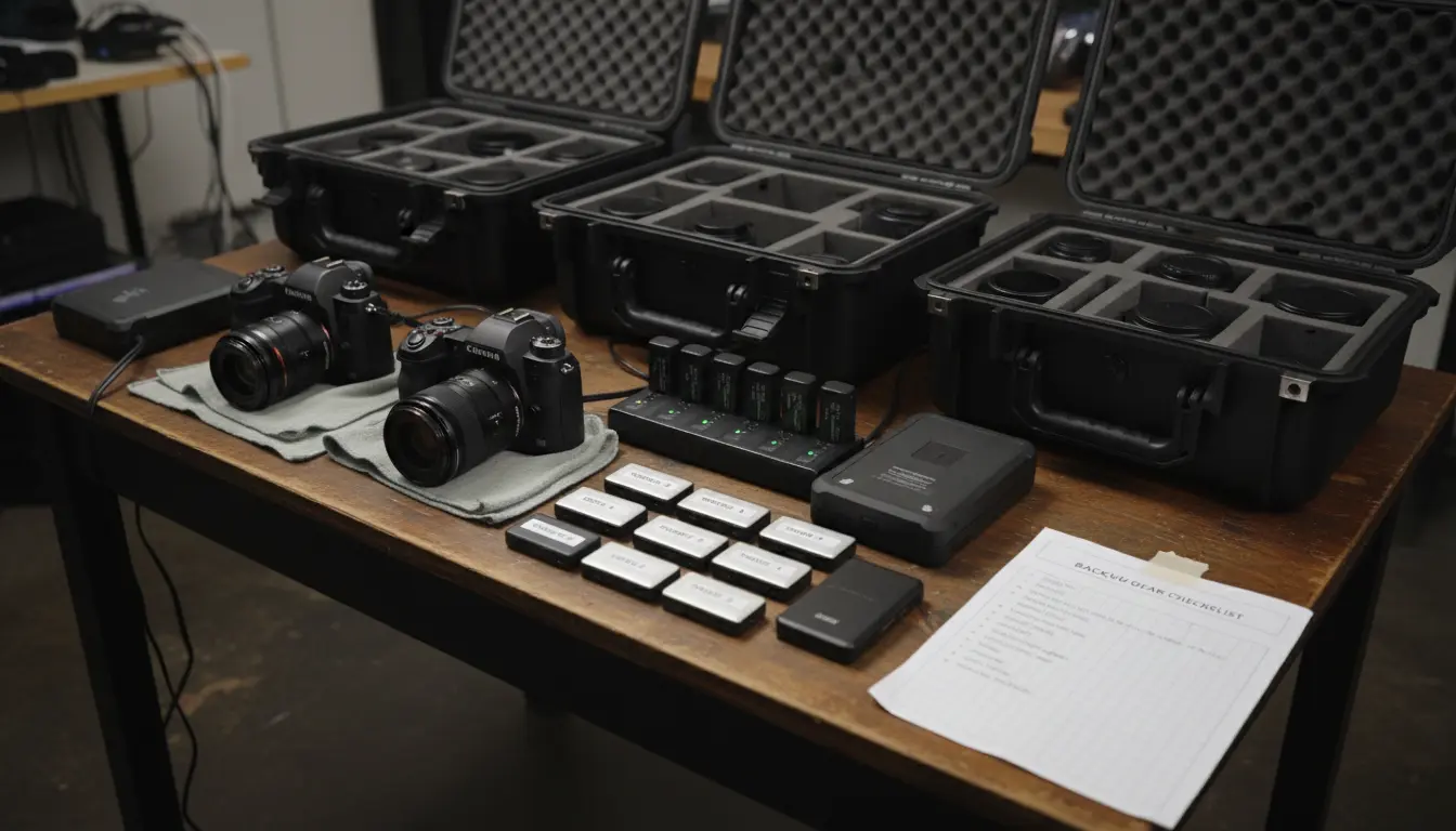 wedding videography backup gear in Brooklyn showing spare cameras batteries and external SSDs