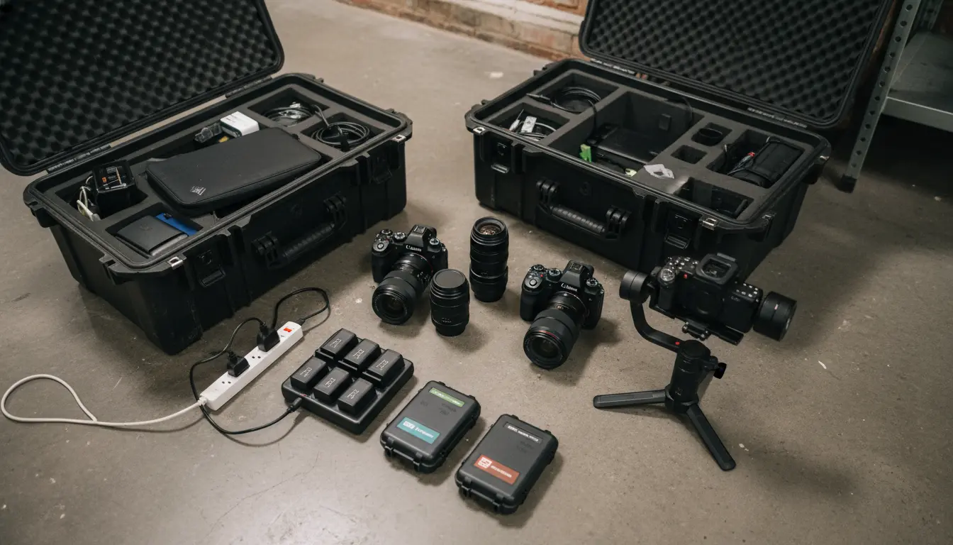 Event photographer equipment in Brooklyn showing cameras, lenses, batteries, and memory cards