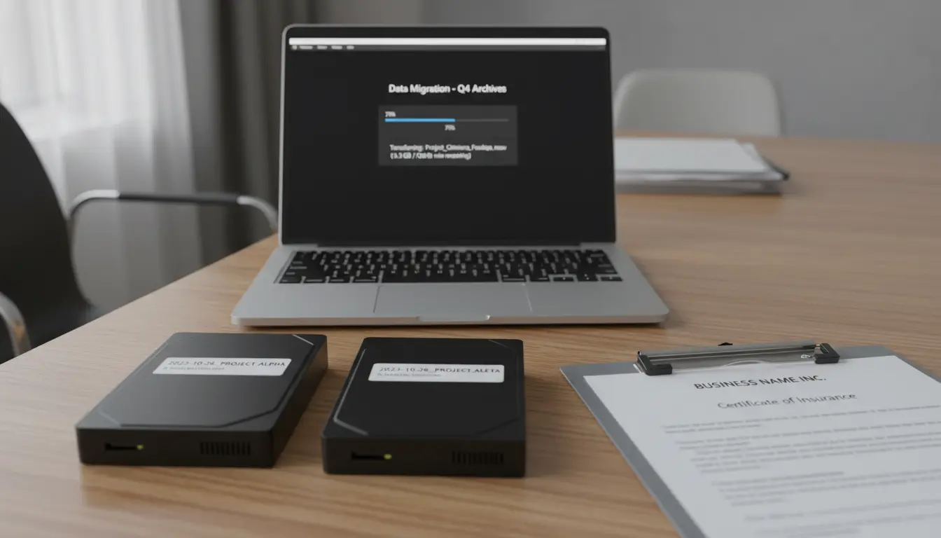 photography and videography backup drives and insurance certificate in Brooklyn showing data transfer and COI