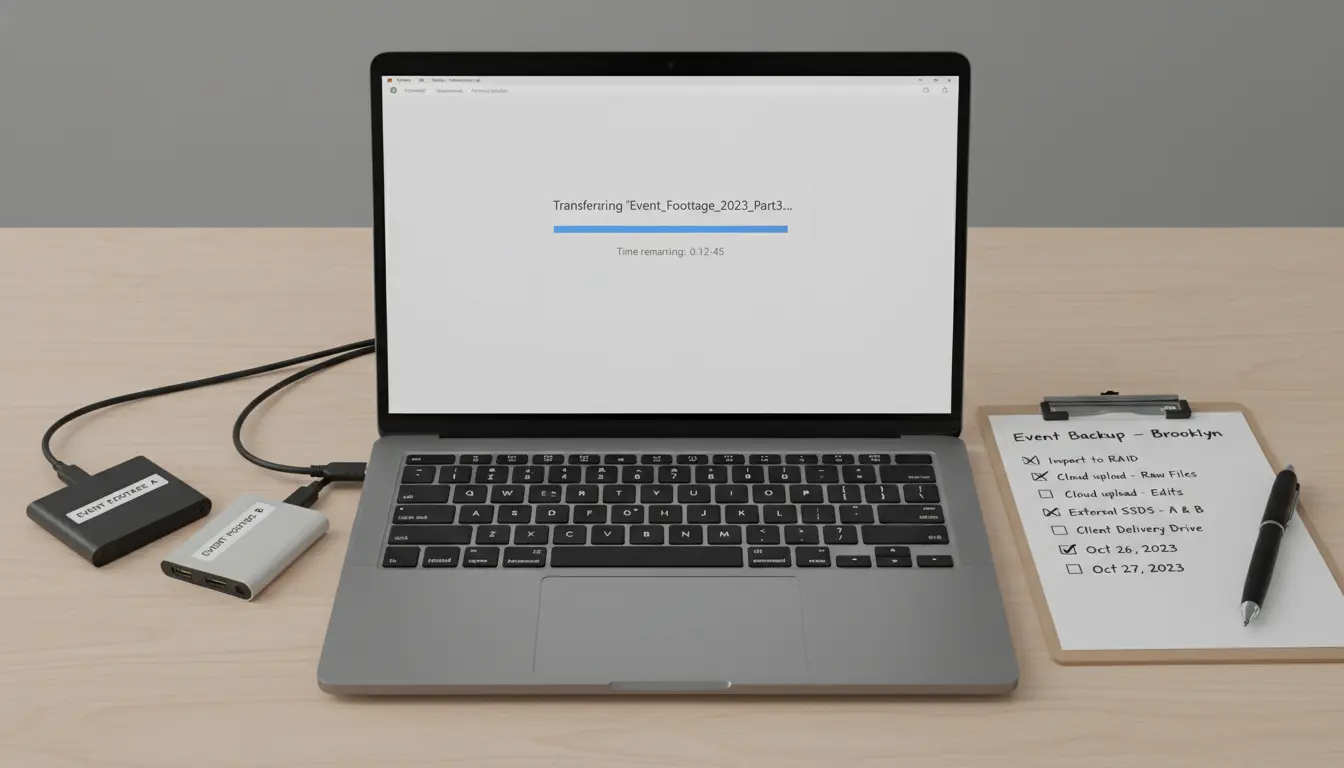 Event photography backup workflow in Brooklyn, NY showing external drives and laptop transferring files
