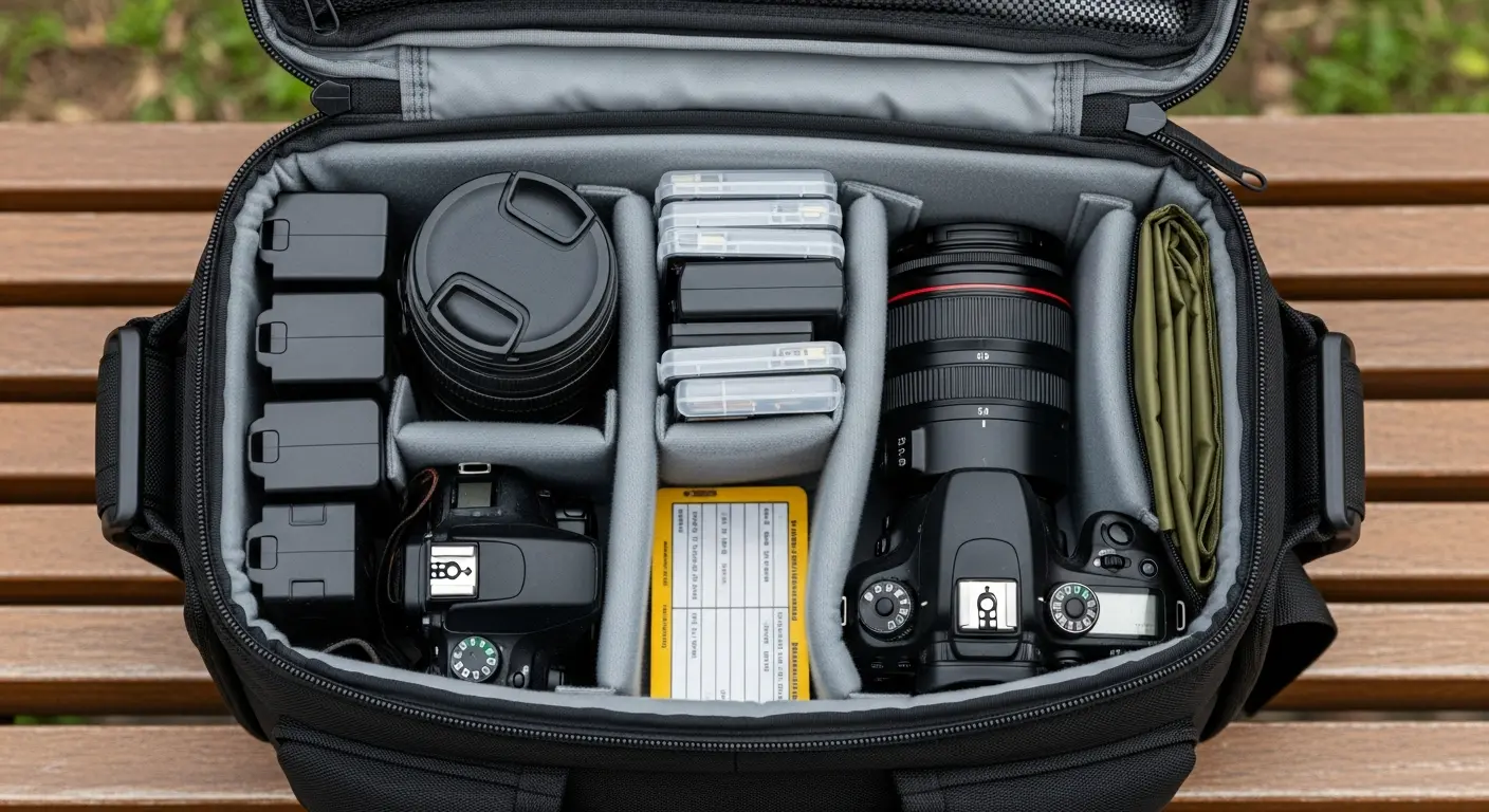 proposal photography Brooklyn camera bag showing backup camera bodies and rain cover