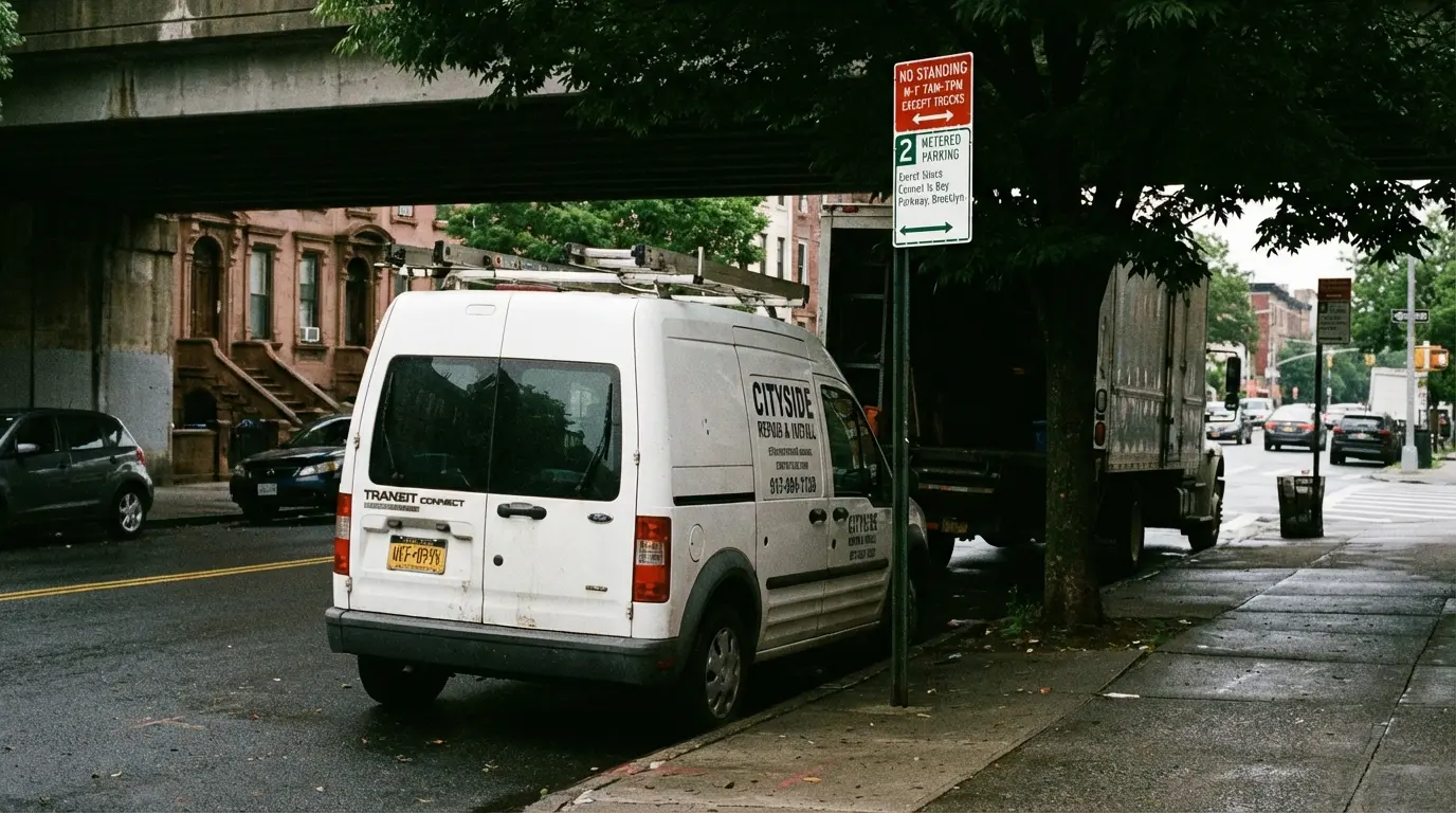 Wedding Photography Bay Ridge — service van parked on Bay Ridge Parkway showing narrow curb access and parking restriction signs.