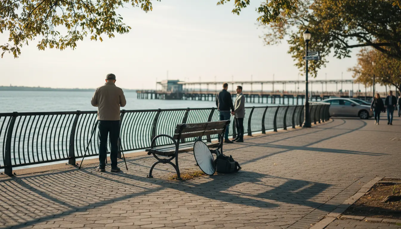 Wedding photographer in Bay Ridge, Brooklyn adjusting a camera on the Shore Road promenade near the 69th Street pier with railing and bench visible