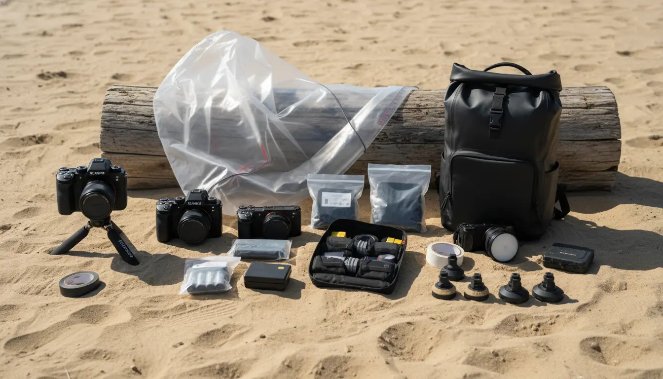beach wedding photography Brooklyn equipment on sand with rain covers and spare batteries