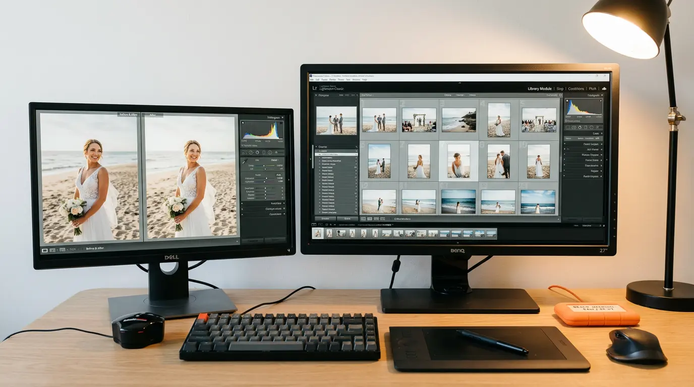 Beach wedding photo post-production editing workflow at a Brooklyn photography studio with dual monitors showing catalog and before-and-after retouching views