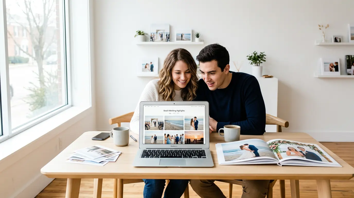 Couple reviewing delivered beach wedding photography online gallery and printed album from their Brooklyn photographer Vera Starling