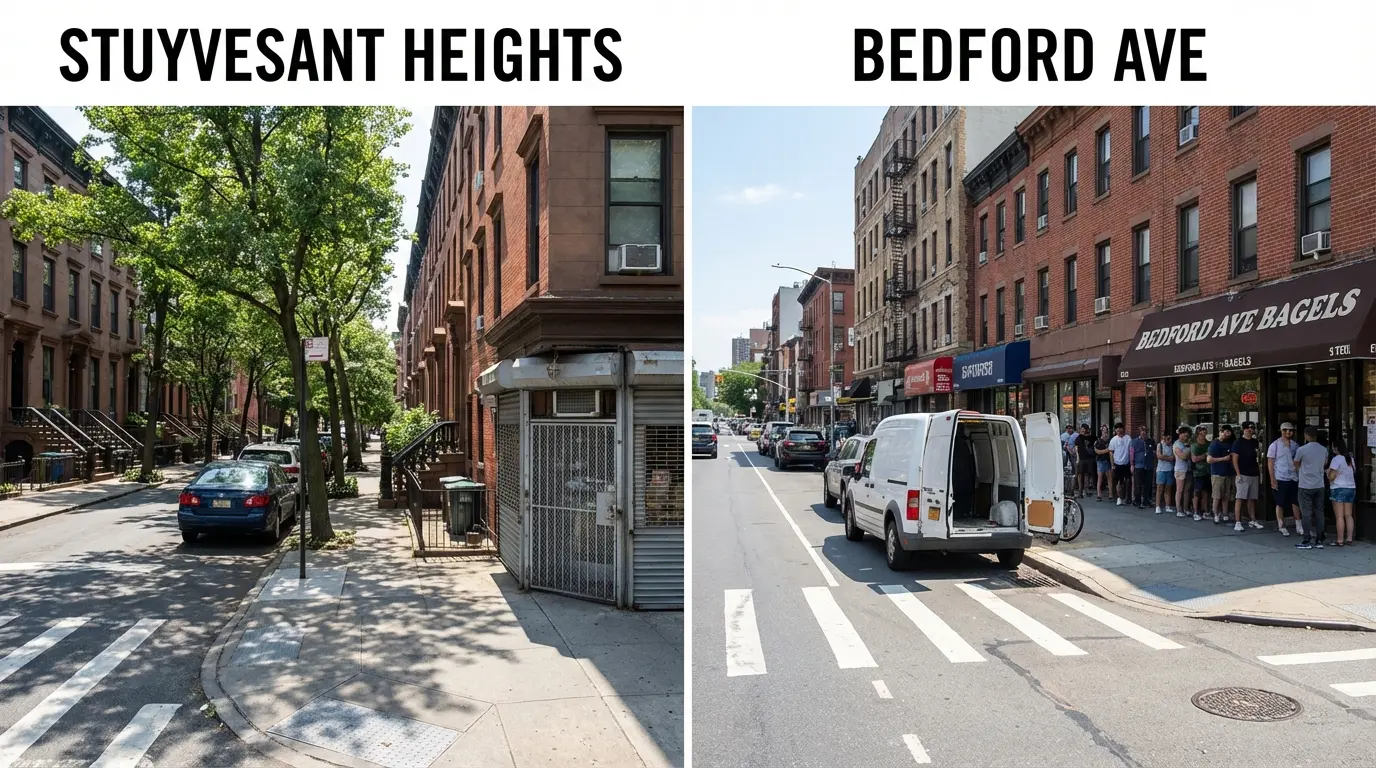 Wedding Photography Bedford-Stuyvesant: comparison of quiet brownstone block and busier Bedford Avenue retail corridor