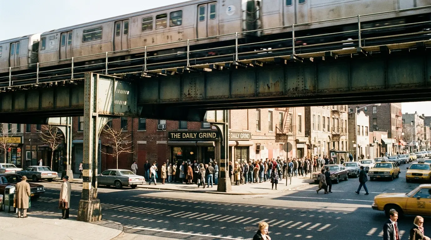 Wedding Photography Bedford-Stuyvesant: elevated train corridor on Broadway showing shadow bands and sidewalk activity