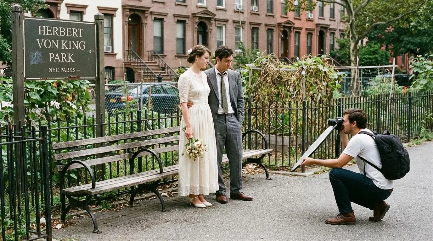Wedding Photography Bedford-Stuyvesant: small photoshoot at Herbert Von King Park edge showing typical park backdrop