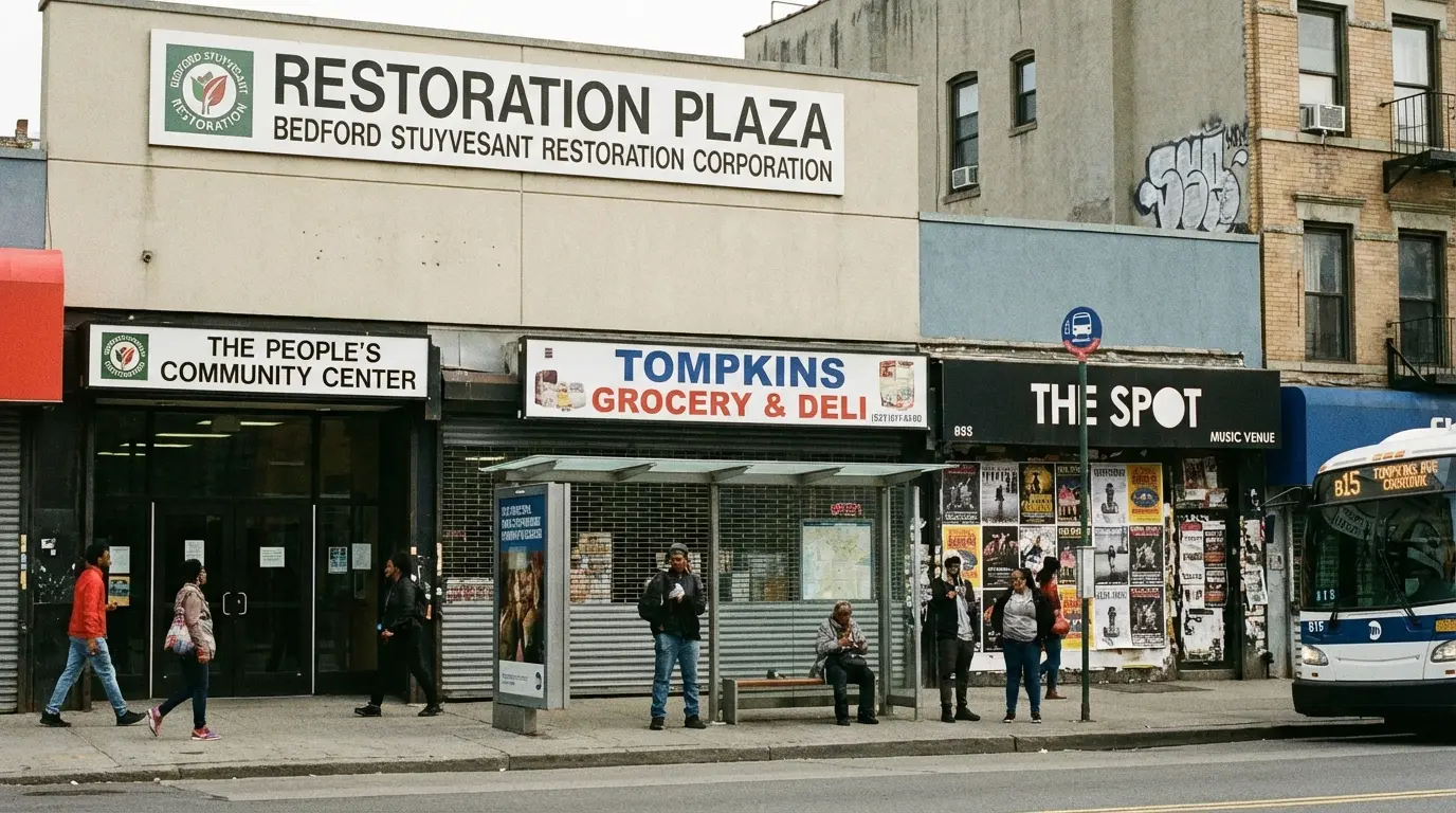 Wedding Photography Bedford-Stuyvesant: Tompkins Avenue corridor with Restoration Plaza and mixed retail fronts