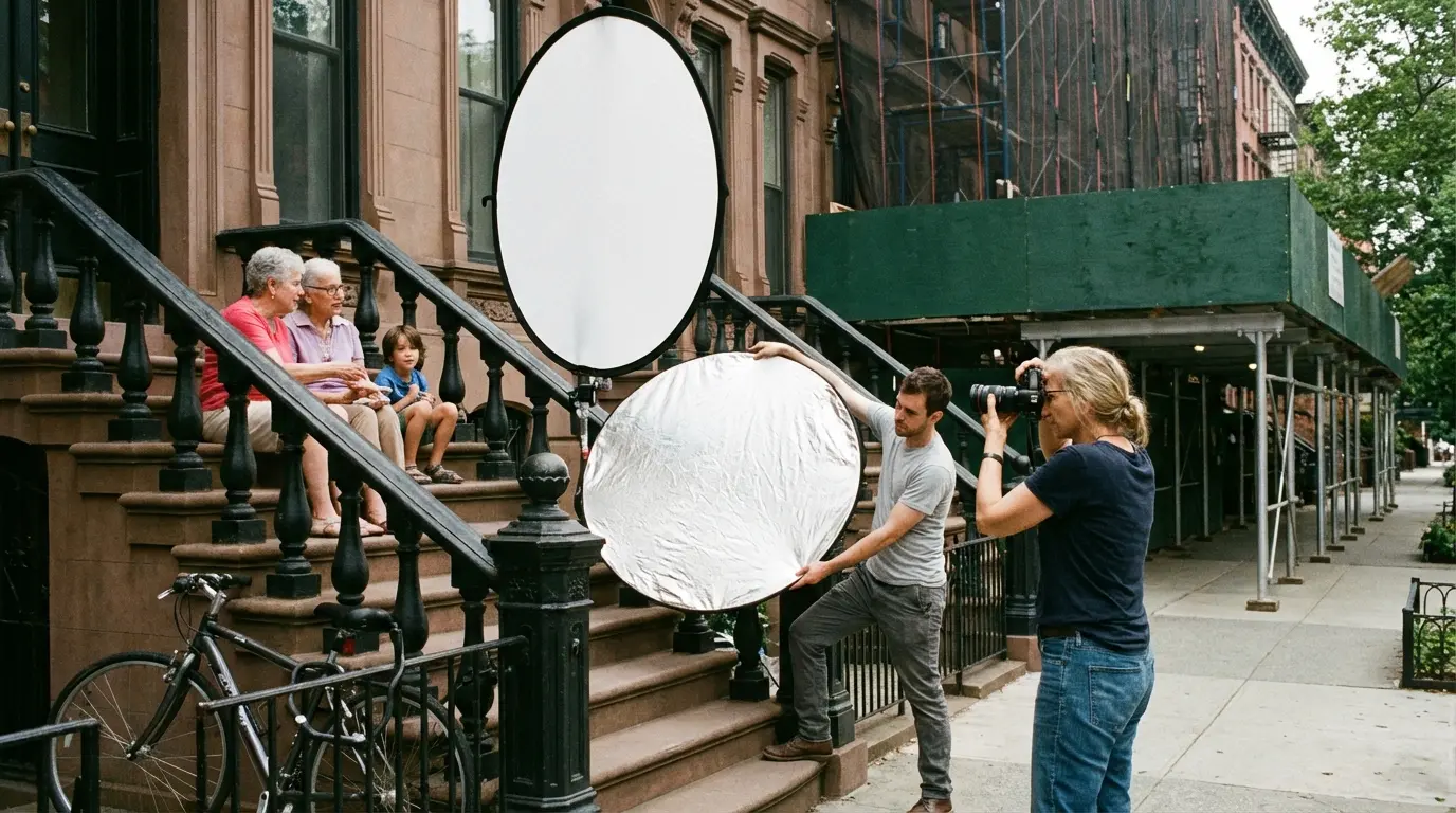 Wedding Photography Bedford-Stuyvesant: small-crew stoop setup showing neighbor proximity and possible adjacent scaffolding
