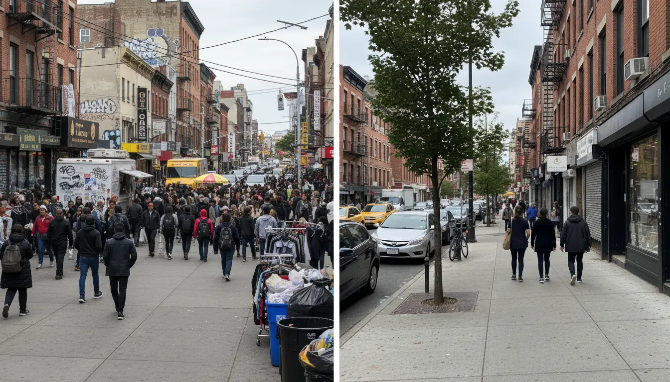 Wedding Photography Williamsburg — Bedford Avenue retail corridor showing pedestrian density and an adjacent quieter side street inland