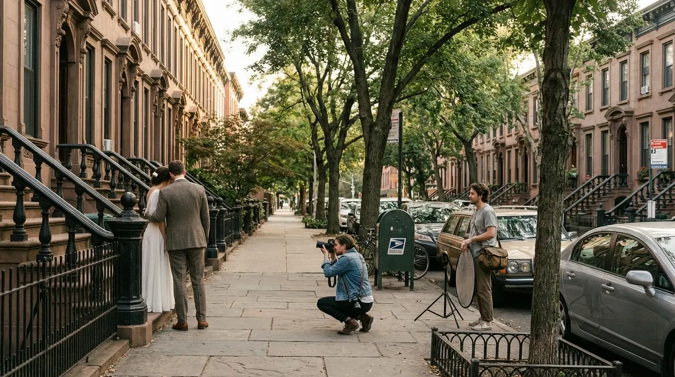 Wedding photographer in Bedford‑Stuyvesant, Brooklyn photographing a couple on a brownstone stoop with a reflector