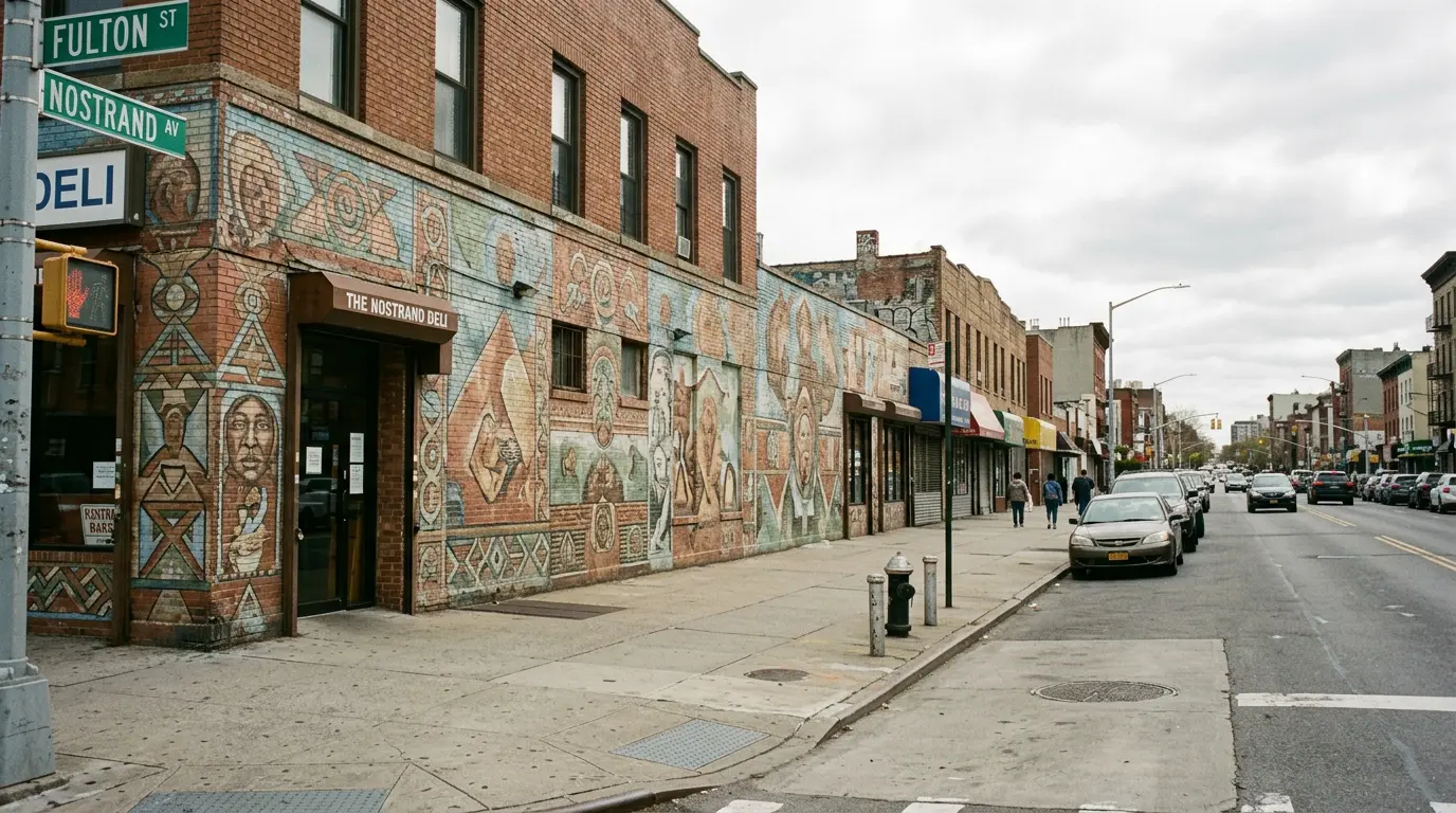 Cinematic wedding videographer Brooklyn filming Bedford-Stuyvesant Fulton Street mural neighborhood outdoor location