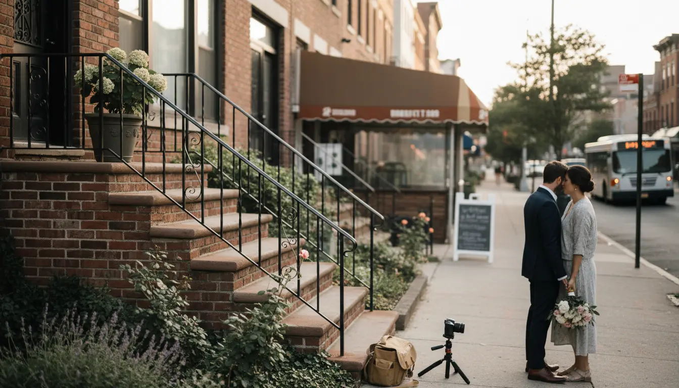 Wedding photographer Bensonhurst Brooklyn: couple posed on a brick stoop with compact camera gear and awning-lined 86th Street in the background