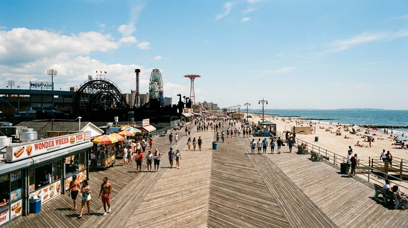 Wedding Photography Coney Island — Riegelmann Boardwalk with Luna Park silhouettes and ocean horizon for location recognition.
