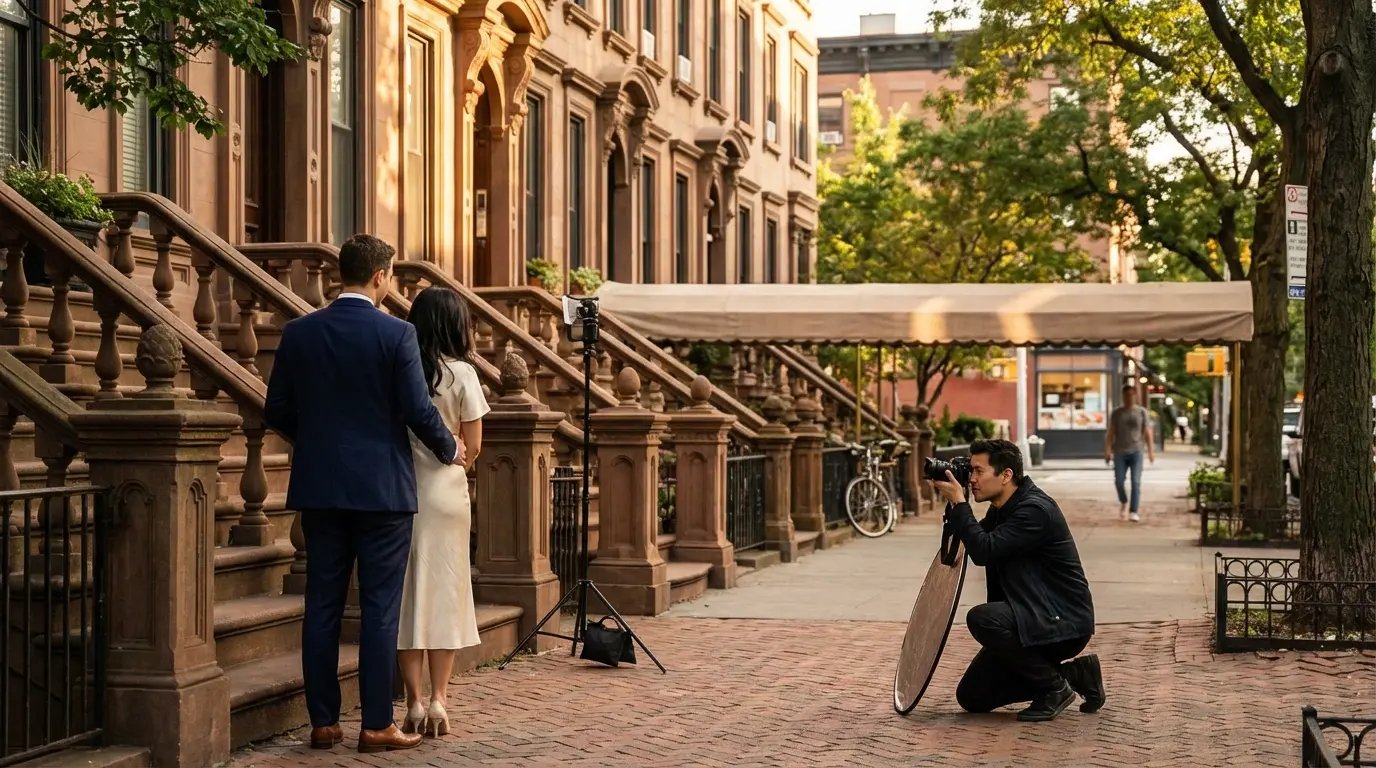Wedding photographer in Boerum Hill, Brooklyn photographing a couple on a Dean Street brownstone sidewalk with camera and handheld reflector