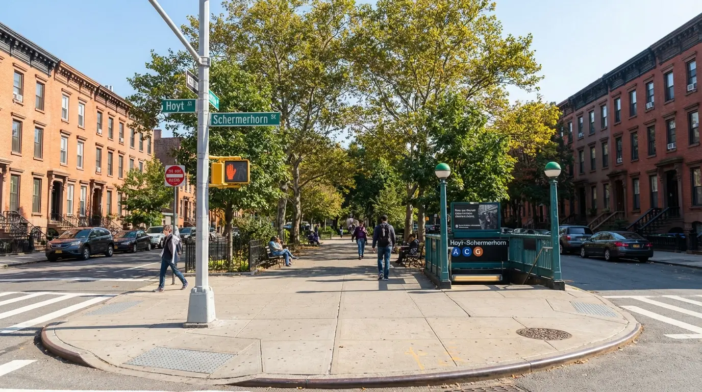 Wedding Photography Boerum Hill showing Boerum Park, adjacent brownstones and nearby subway entrance.