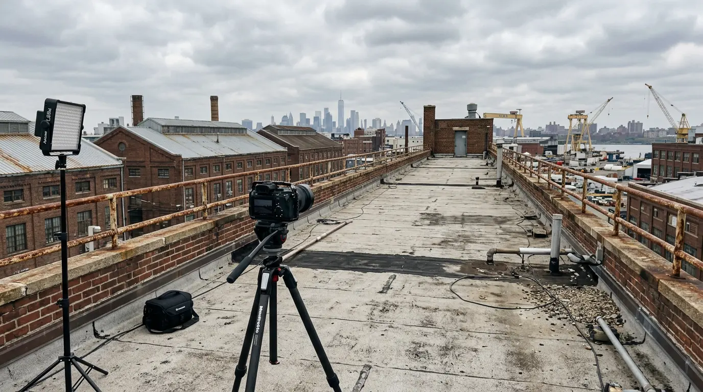 Outdoor commercial brand photography rooftop location at Brooklyn Navy Yard near Clinton Hill neighborhood