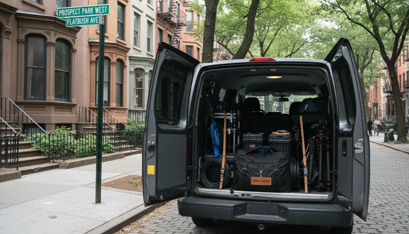 Wedding photography equipment cart with Vera Starling branding on a Brooklyn street showing local presence and transport
