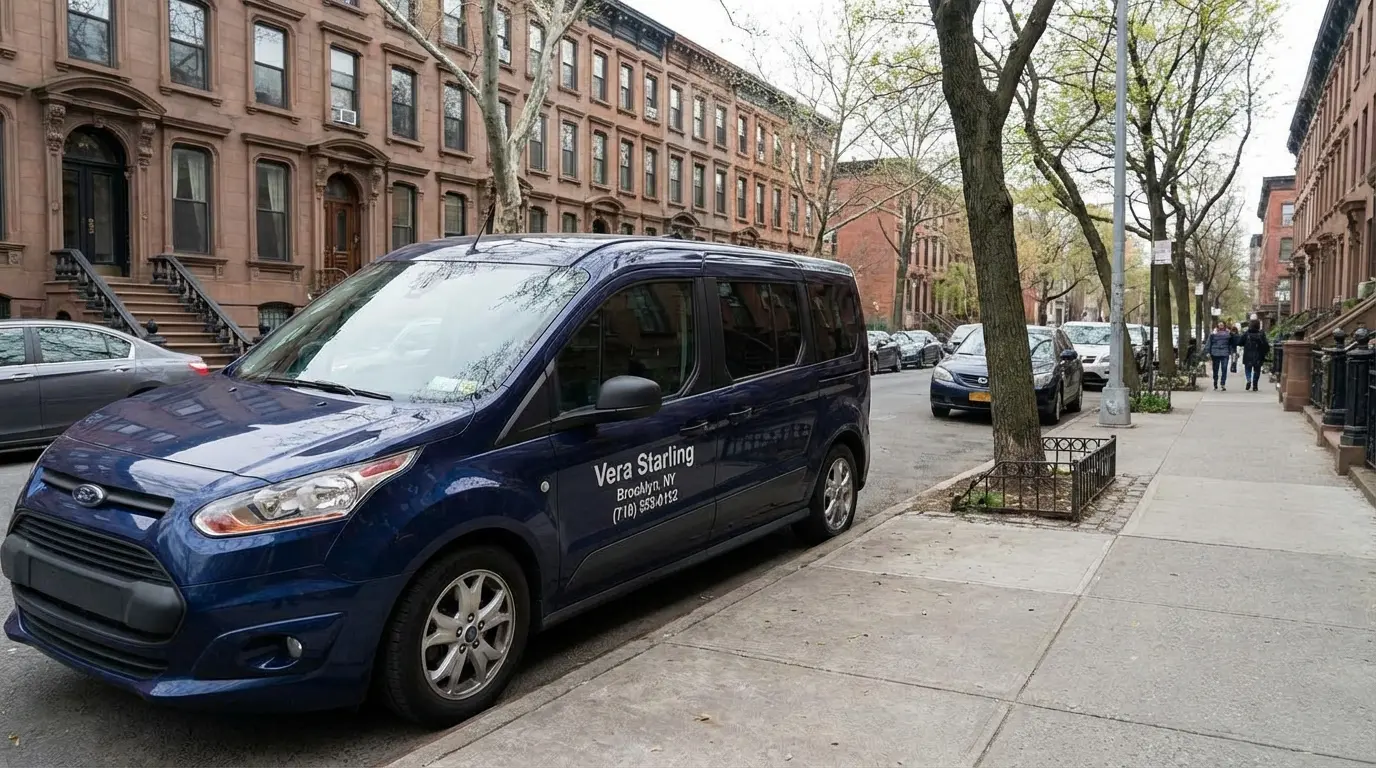 Wedding photo and video service vehicle in Brooklyn showing Vera Starling branding and Brooklyn address